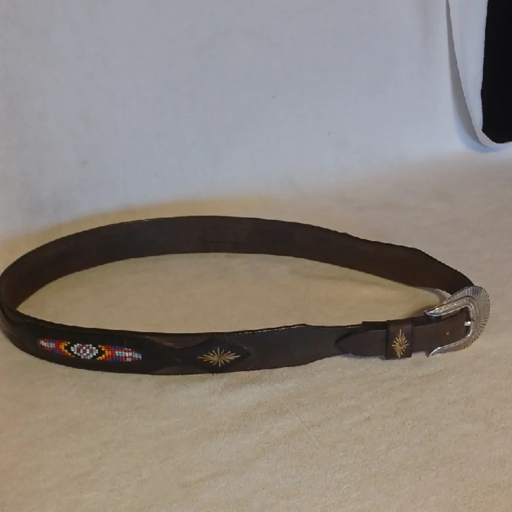 Vintage Brown Leather Belt with Beaded Accents 34-36 Inch